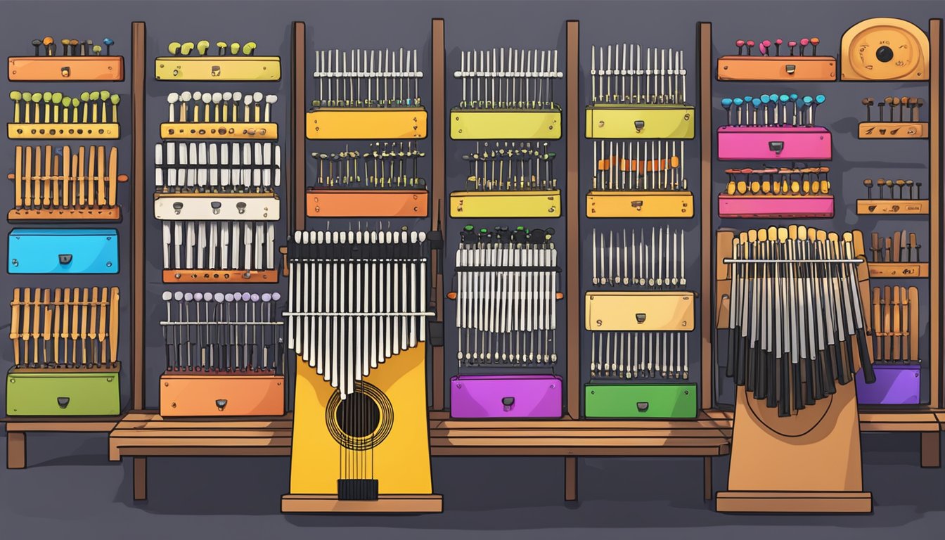 A music store display showcases kalimbas with price tags in Singapore