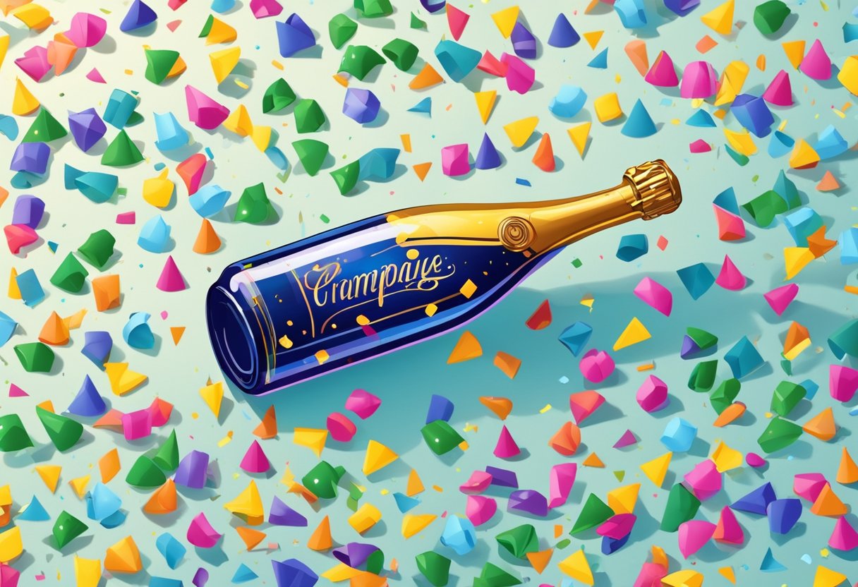 Colorful confetti falling around a champagne bottle with a party hat. A clock striking midnight in the background