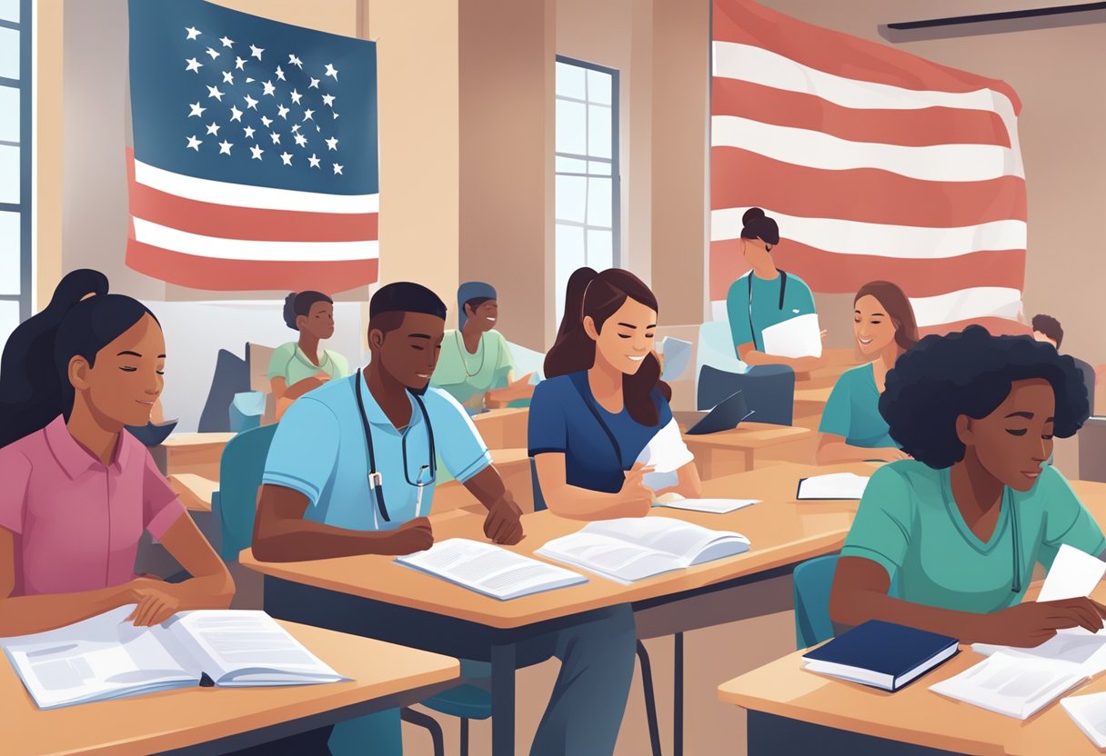 A group of diverse students studying health courses in a classroom, with scholarship banners and American flags in the background