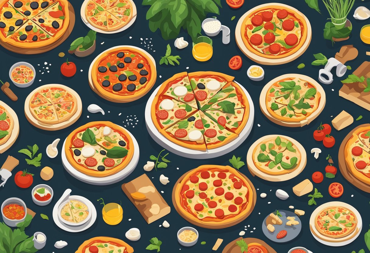 A table with a variety of pizza ingredients scattered around, accompanied by speech bubbles containing popular pizza quotes