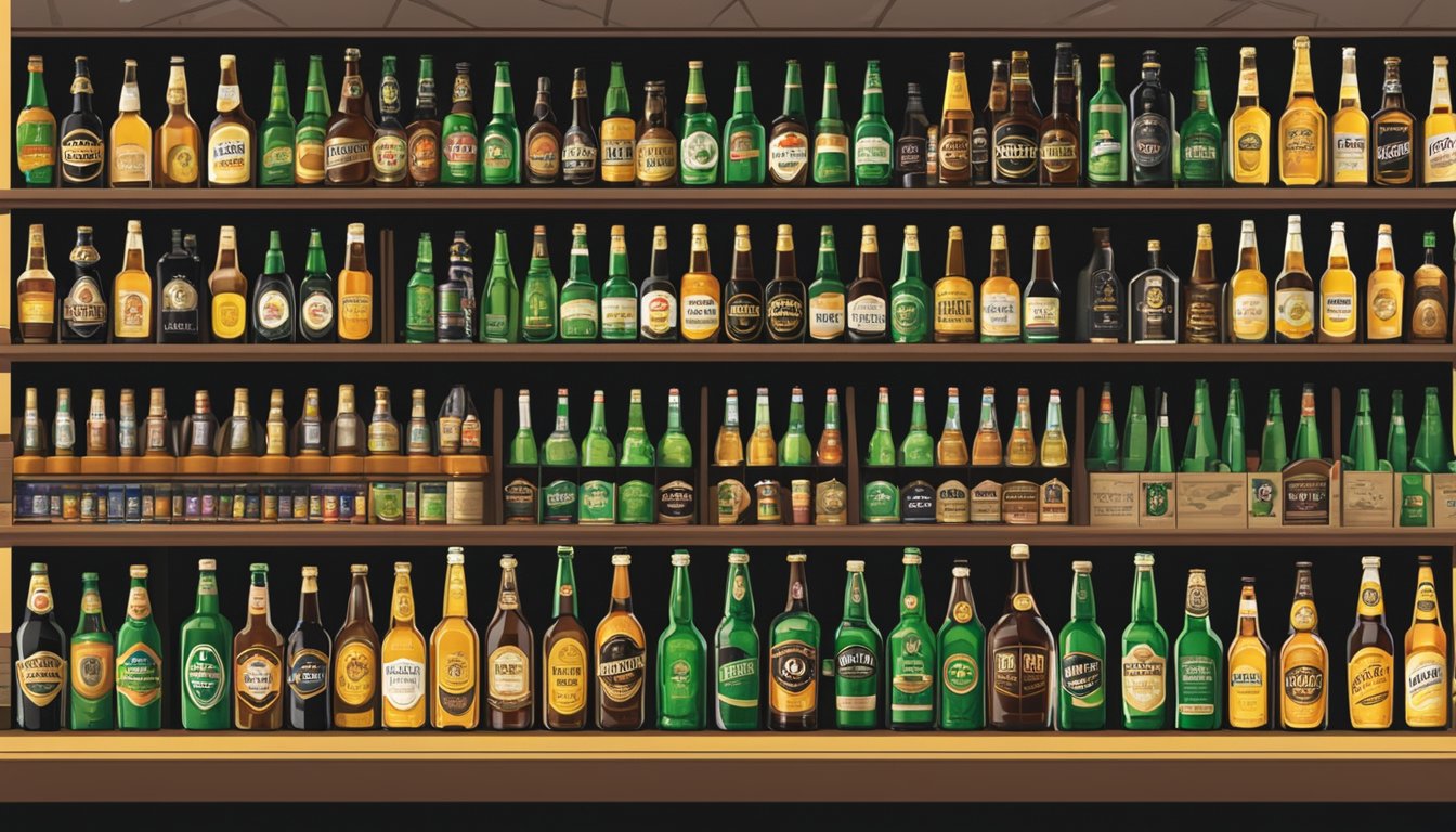 A bustling liquor store in Singapore displays rows of Kilkenny beer bottles on its shelves, with a prominent sign advertising the availability of the popular Irish brew
