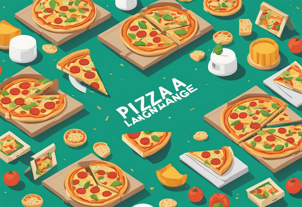 A table with a variety of pizza boxes stacked on top of each other, surrounded by scattered pizza slices and toppings. A speech bubble with the quote "Pizza is my love language" hovers above the table