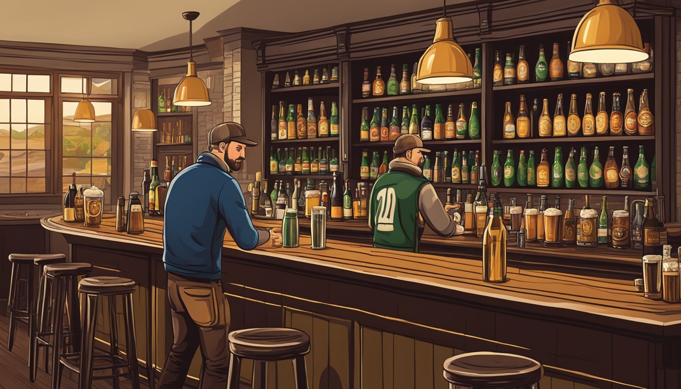 A cozy pub with shelves lined with Kilkenny beer bottles. A bartender pouring a pint into a branded glass. Customers enjoying their drinks in a relaxed atmosphere