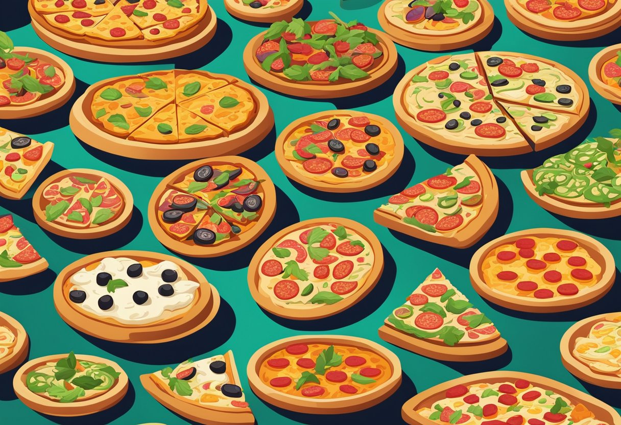 A table with a variety of pizza slices, each with a different topping, arranged in a colorful and appetizing display