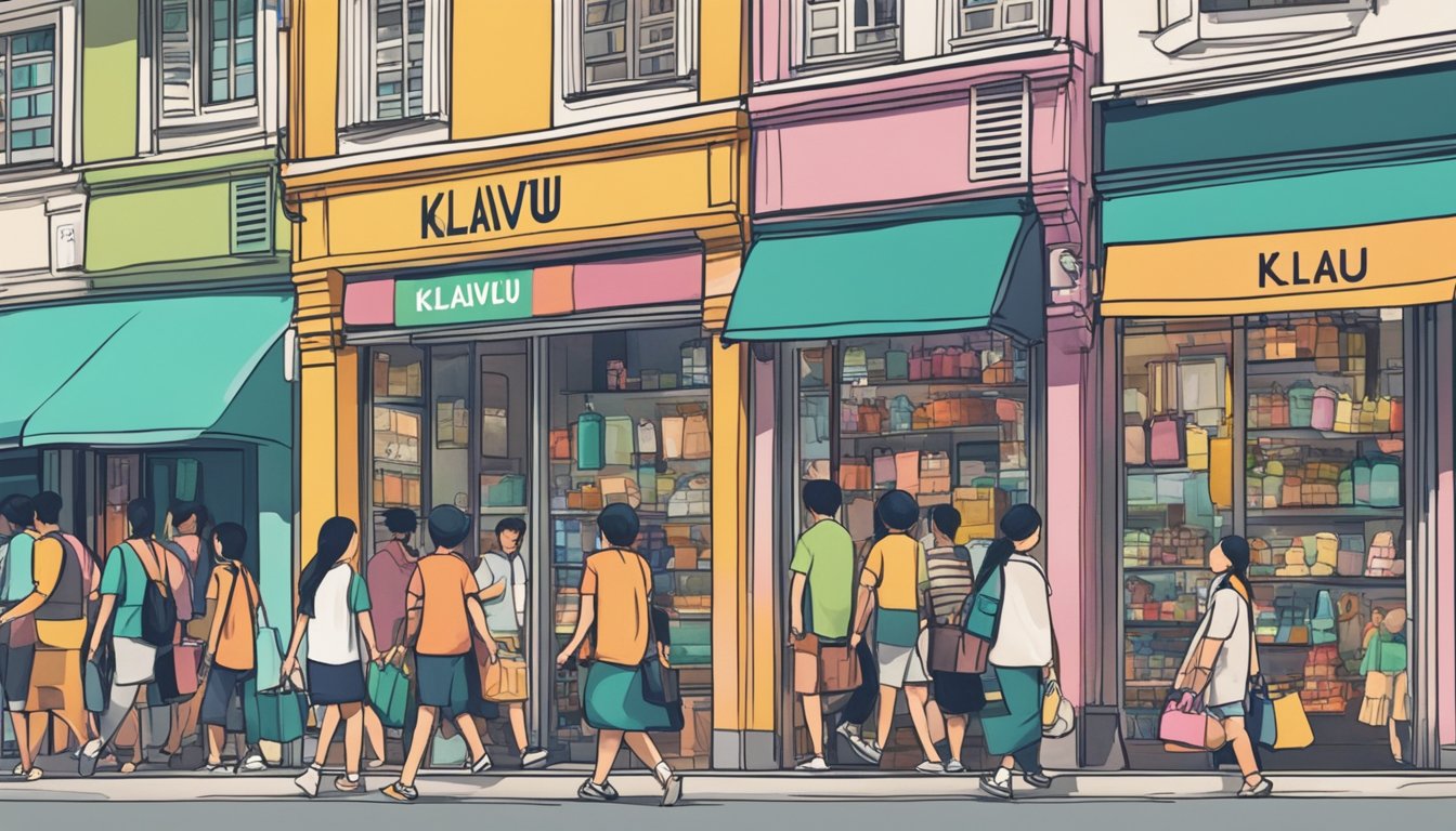 A bustling street in Singapore, with colorful storefronts and a sign reading "Klavuu" in bold letters. A crowd of shoppers passes by, some peering into the shop windows