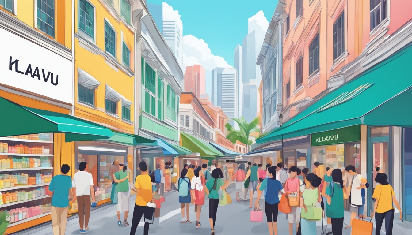 A bustling street in Singapore with colorful storefronts, a prominent sign reading "Klavuu," and a crowd of shoppers browsing skincare products