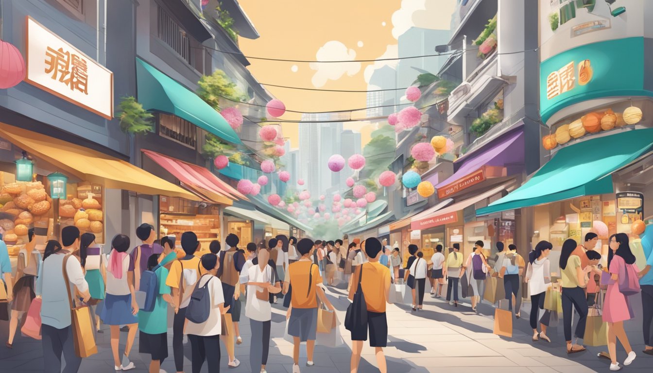 A bustling Singapore street with prominent signage for Klavuu products, surrounded by eager shoppers and a sense of excitement in the air
