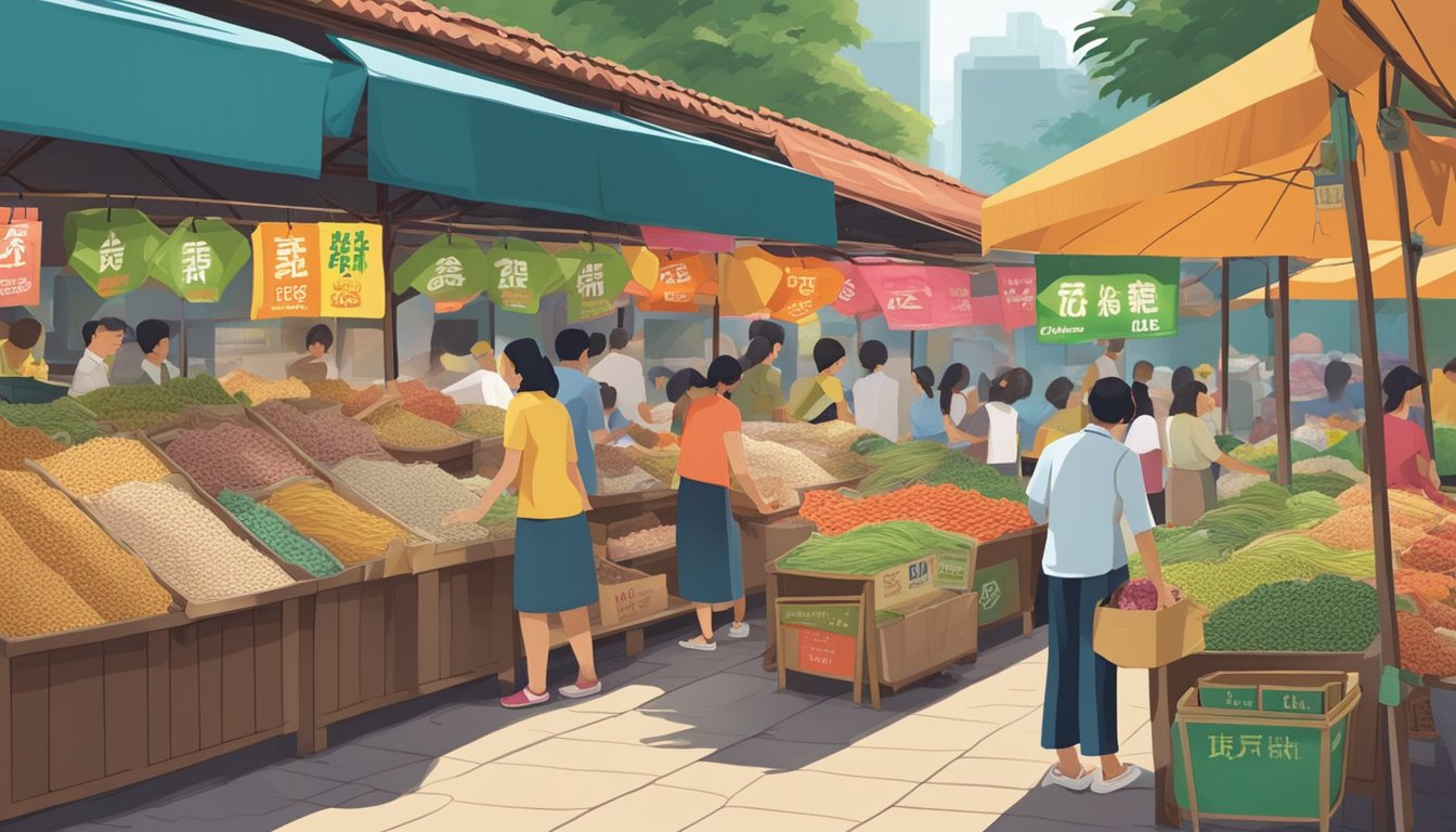 A bustling market stall in Singapore displays packages of konjac rice for sale. Brightly colored signs advertise the product's benefits, drawing in curious shoppers