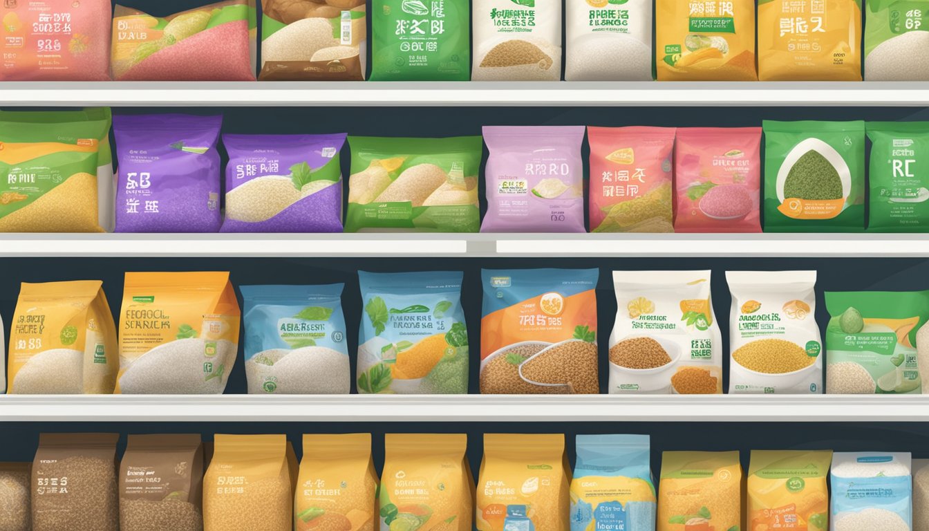 A display of konjac rice packages on a grocery store shelf in Singapore. Bright, clean, and organized