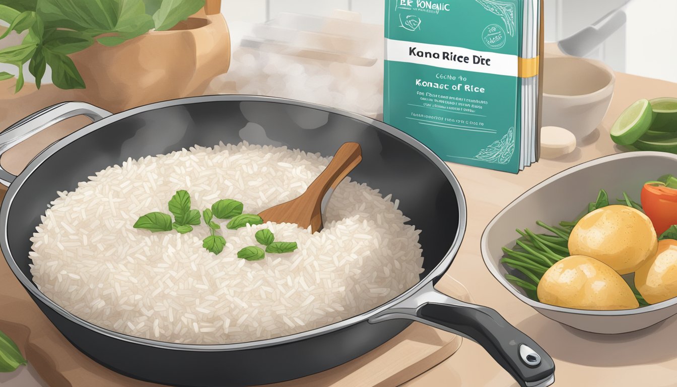 A bag of konjac rice sits on a kitchen counter next to a keto recipe book. A spoonful of rice is shown being added to a sizzling pan. The packaging prominently displays "Benefits of Konjac Rice for a Keto Diet" and "