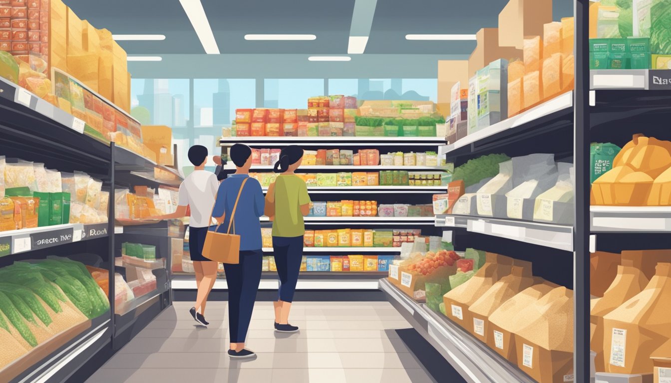 A bustling grocery store shelf displays various brands of konjac rice packages in Singapore. Shoppers browse the selection, reading labels and comparing prices