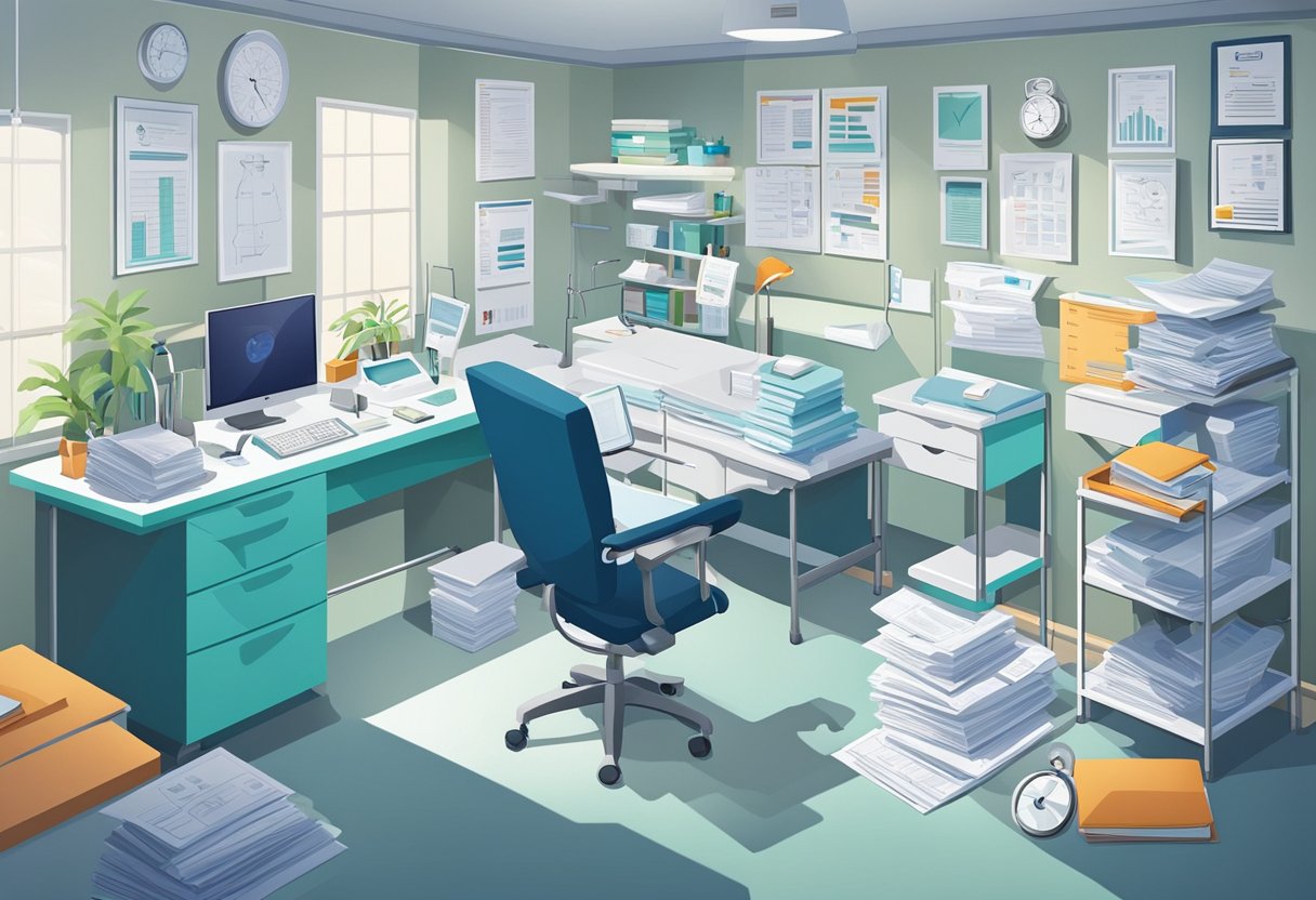 A doctor's office with a desk cluttered with papers, stethoscope hanging, and medical charts on the wall. A white lab coat draped over a chair