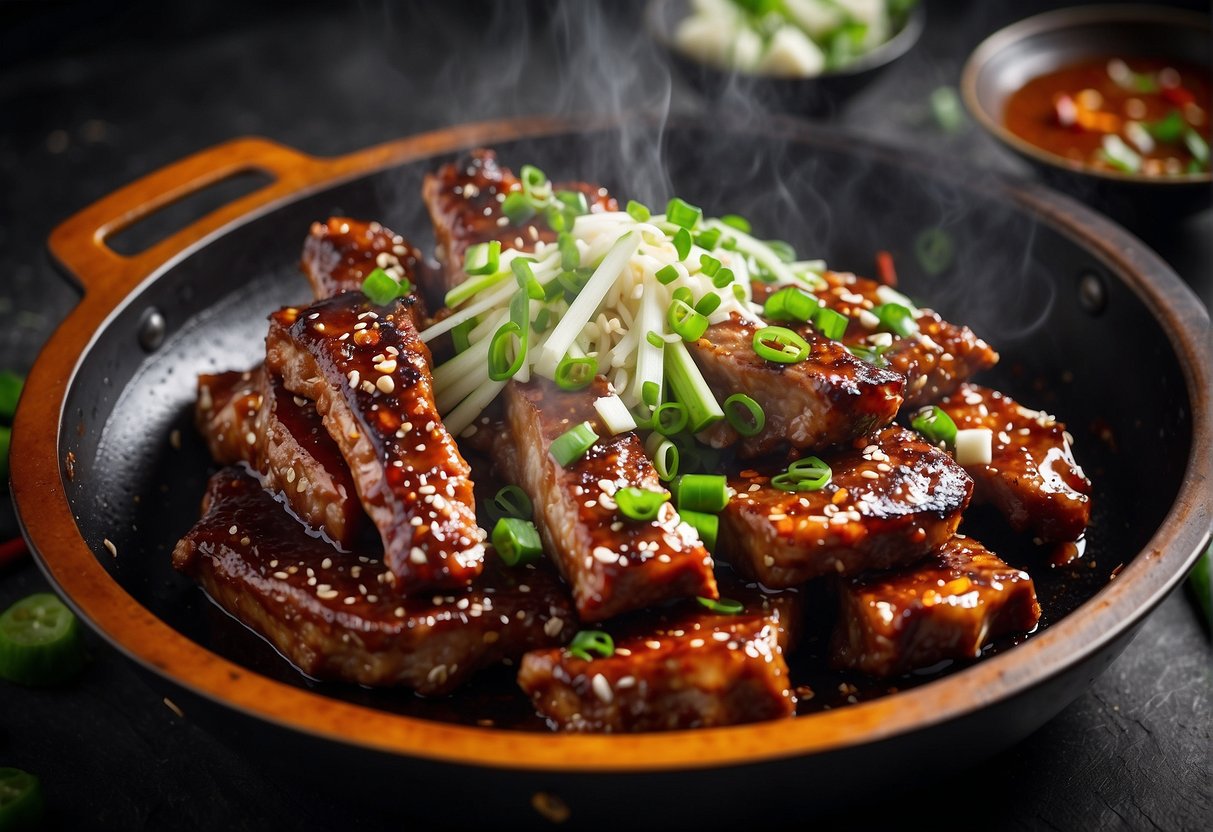 Sizzling spare ribs in a wok with Chinese spices and sauces. Garnished with green onions and sesame seeds