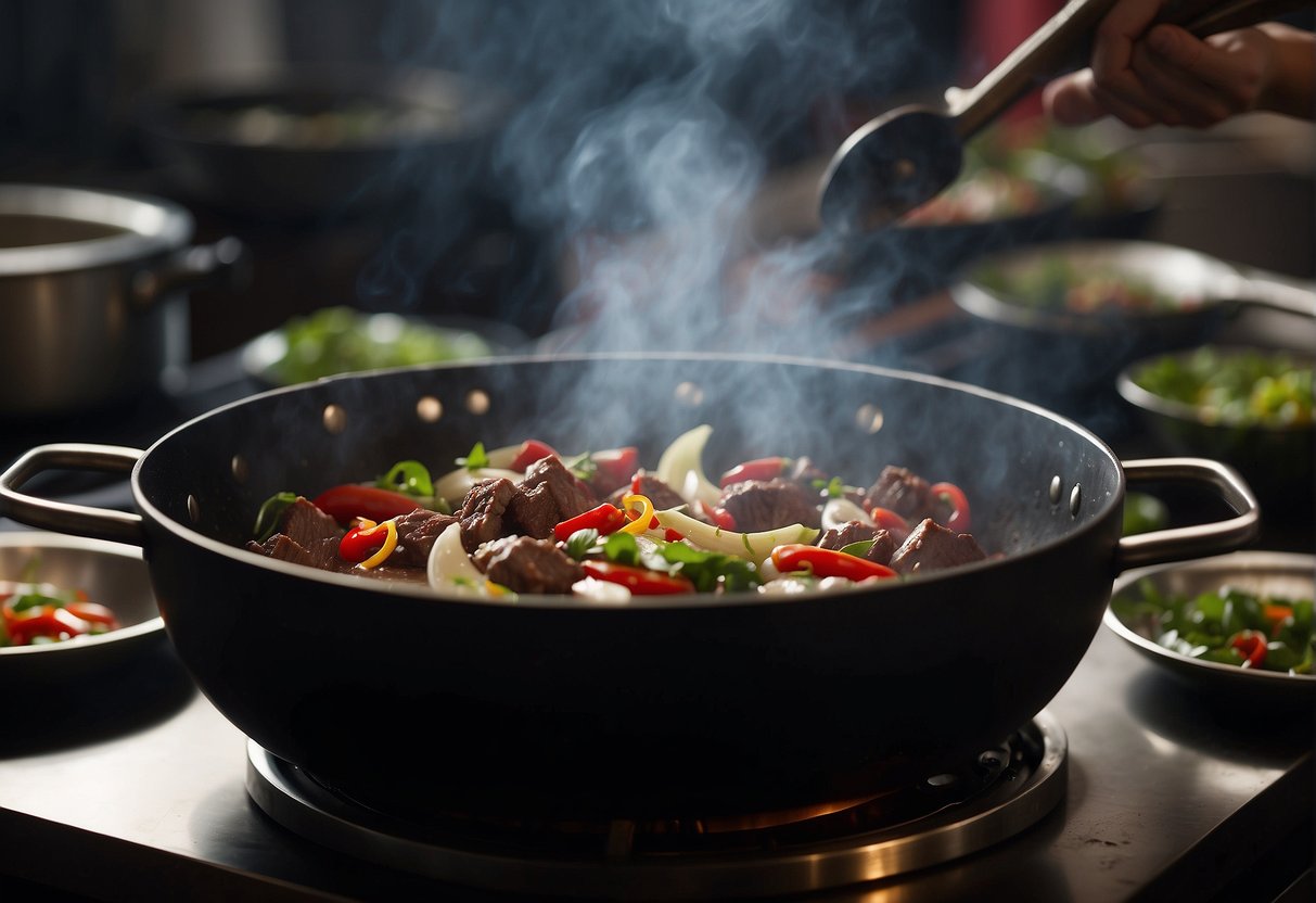 A sizzling wok tosses marinated beef, garlic, and chili peppers. Steam rises as the fragrant aroma fills the kitchen