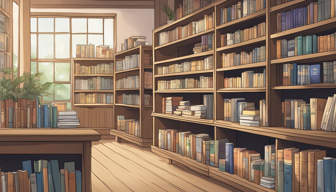 A bookshelf in a cozy bookstore, filled with Korean novels. A sign reads "Korean Literature Section" in both English and Korean