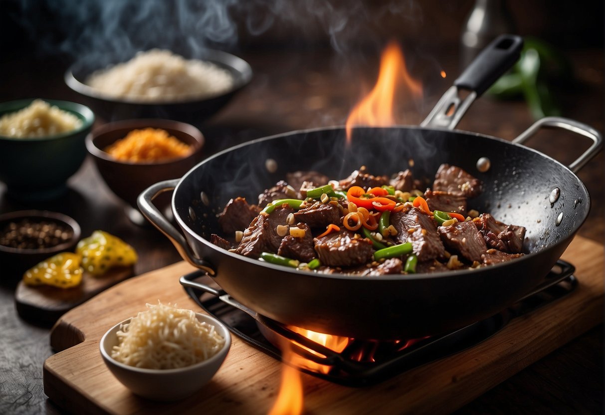 Sizzling beef strips in a wok with vibrant spices and sauces. Chopped garlic and ginger sizzle as they are added to the mix