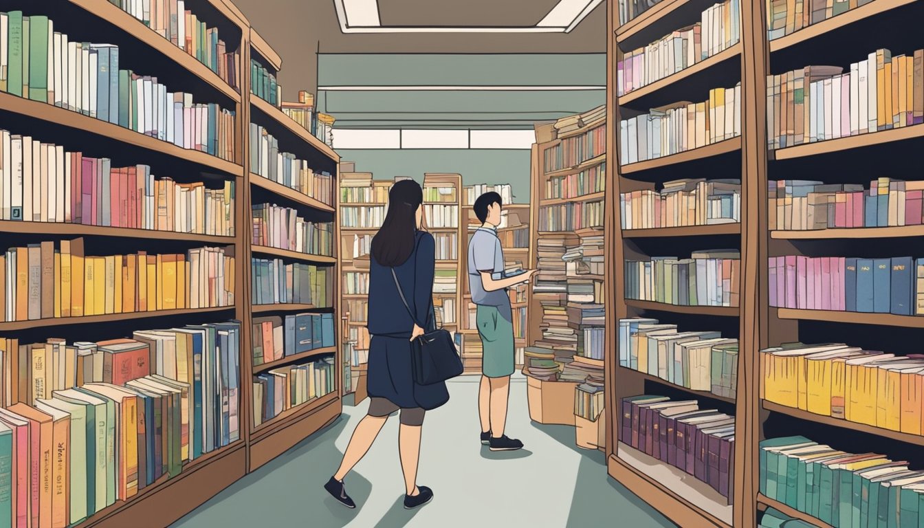 A bookshop in Singapore displays Korean novels on its shelves, with colorful covers and enticing titles. Customers browse the selection, eager to explore new stories and authors