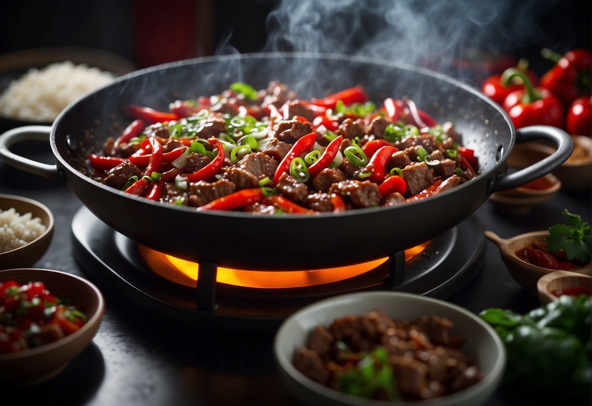A sizzling wok filled with tender strips of spicy beef, surrounded by vibrant red chili peppers, garlic, and ginger. A cloud of aromatic steam rises from the pan, filling the kitchen with the tantalizing scent of signature Chinese flavors