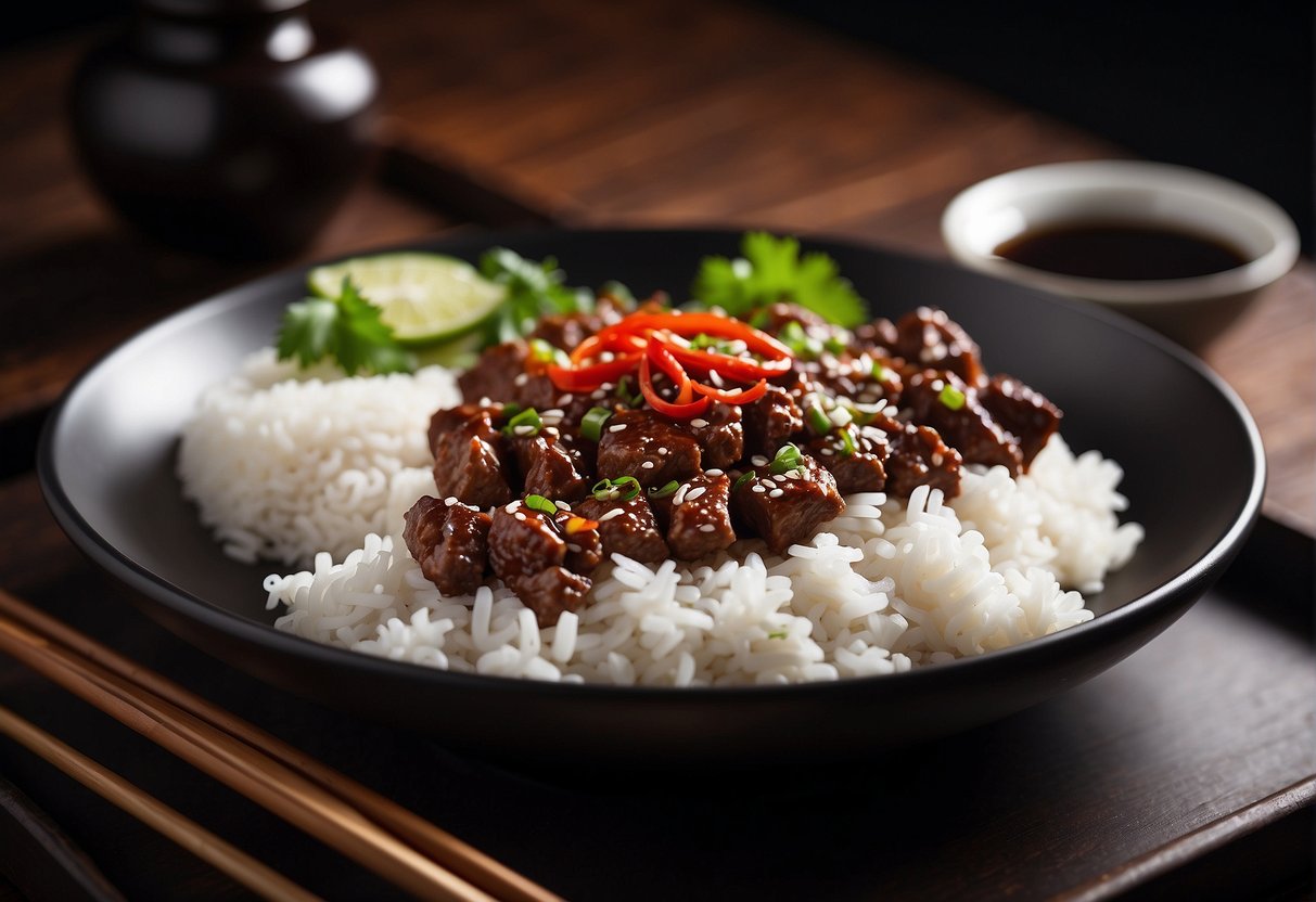 A table set with a steaming plate of spicy Chinese beef, surrounded by chopsticks, a bowl of rice, and a bottle of soy sauce
