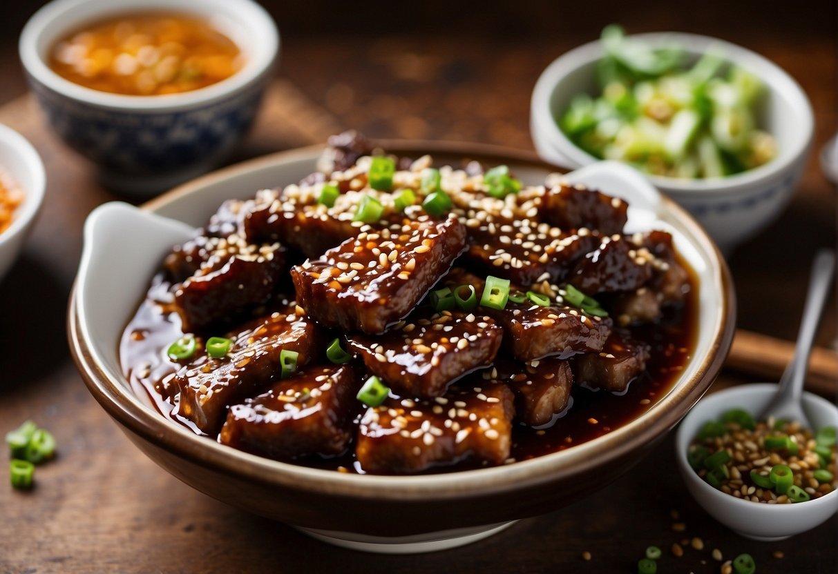 Spare ribs marinating in soy sauce, ginger, and garlic. Chopped scallions and sesame seeds sprinkled on top. Bowls of hoisin and chili sauce on the side