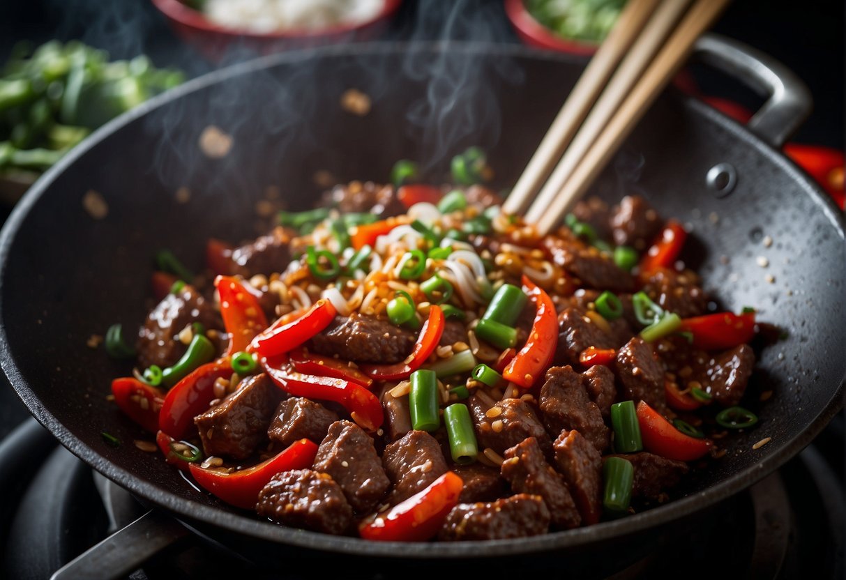 A sizzling wok with spicy beef, garlic, and ginger. Vibrant red chili peppers and green scallions add color. Steam rises as the beef cooks