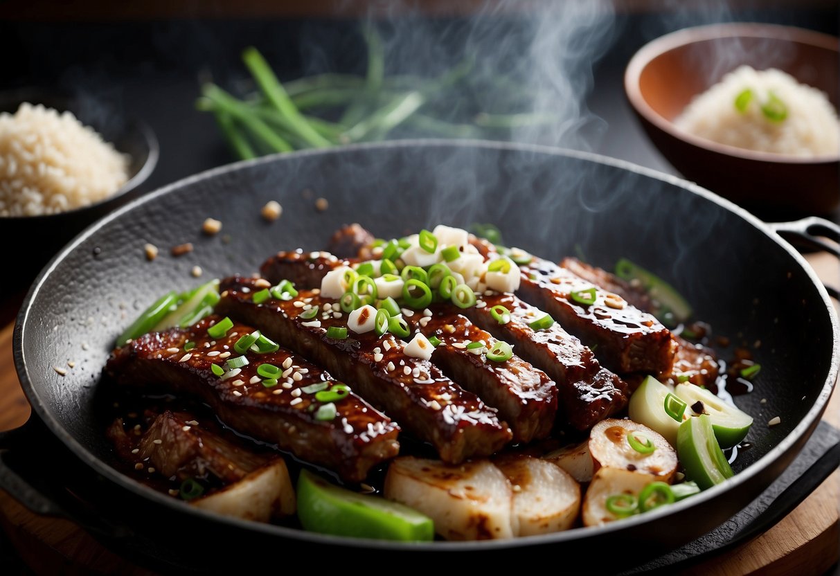Spare ribs sizzling in a wok with soy sauce, ginger, and garlic. Steam rises as they are stir-fried over high heat. Garnished with green onions and sesame seeds