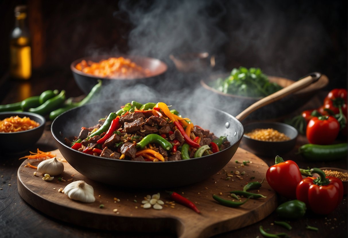 A steaming wok sizzles with spicy beef, surrounded by vibrant ingredients like ginger, garlic, and chili peppers. A chef's knife and cutting board sit nearby, ready for action