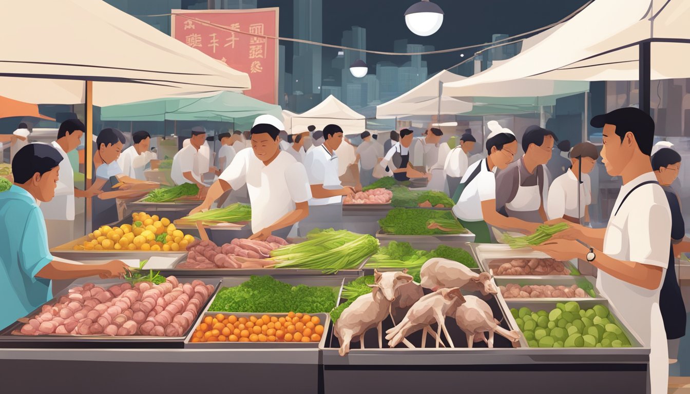 A bustling market stall displays fresh lamb shanks in Singapore