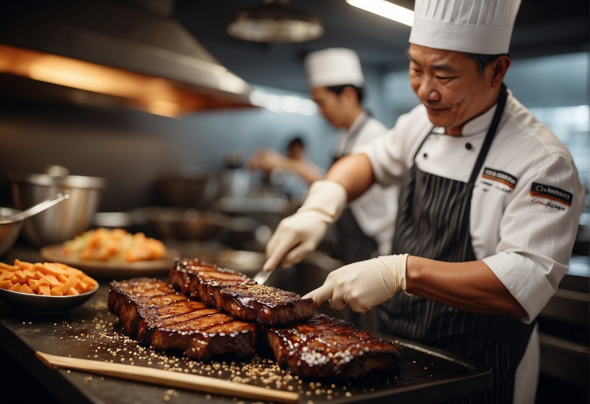 A chef brushes a sticky, sweet glaze onto perfectly grilled spare ribs, adding a final touch of sesame seeds for a Chinese-style finish
