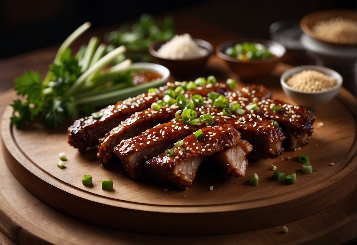 A platter of Chinese-style spare ribs, garnished with green onions and sesame seeds, is elegantly presented on a wooden serving tray