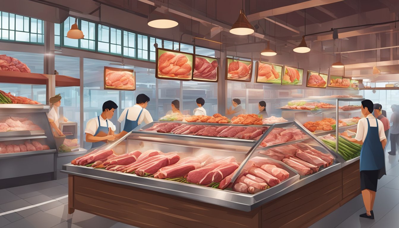 Vibrant meat market in Singapore, showcasing the best butcheries and meat shops. Display of fresh lamb shanks in a clean and organized setting