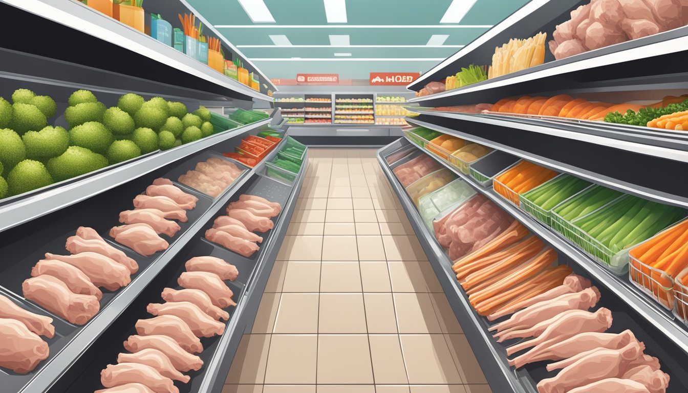 A crowded supermarket aisle displays fresh lamb shanks. Online retailers offer the same product with convenient delivery options