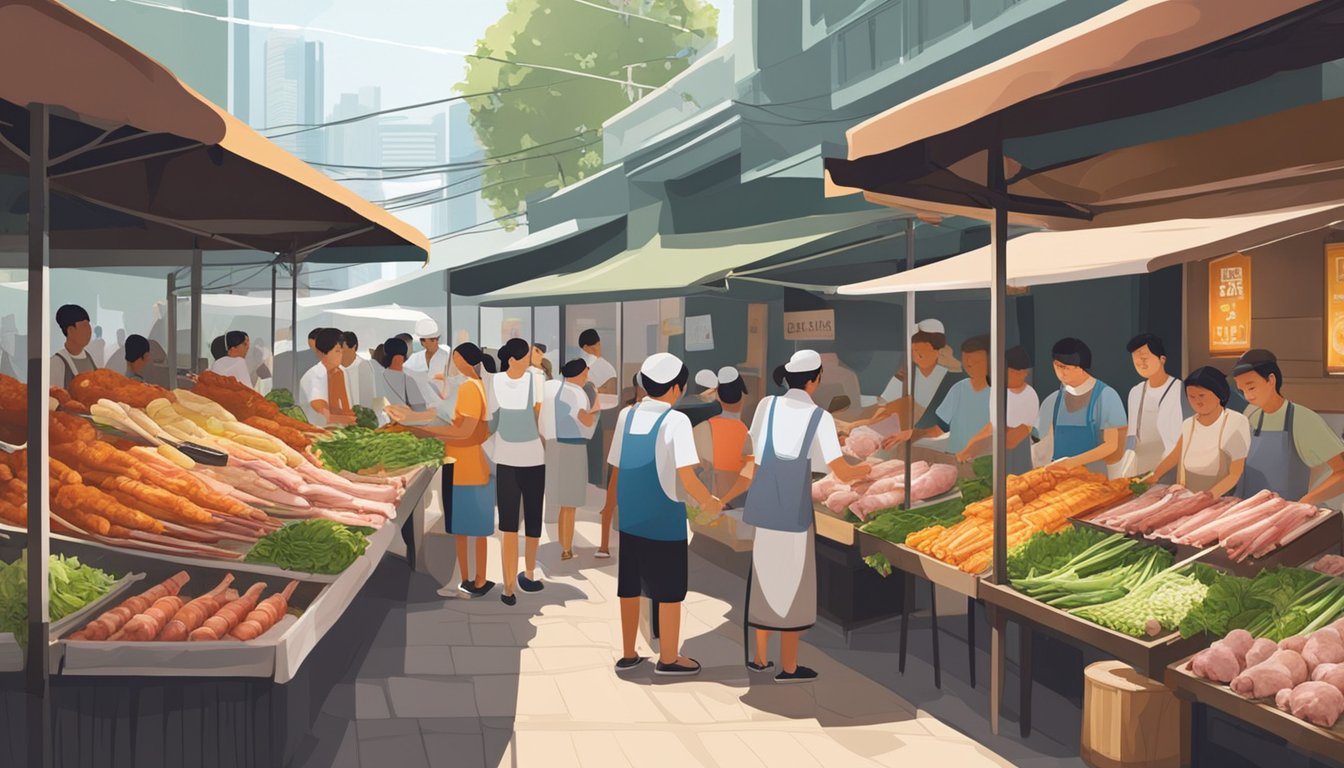 A bustling market stall displays fresh lamb shanks in Singapore. Customers inquire about the product, creating a lively atmosphere
