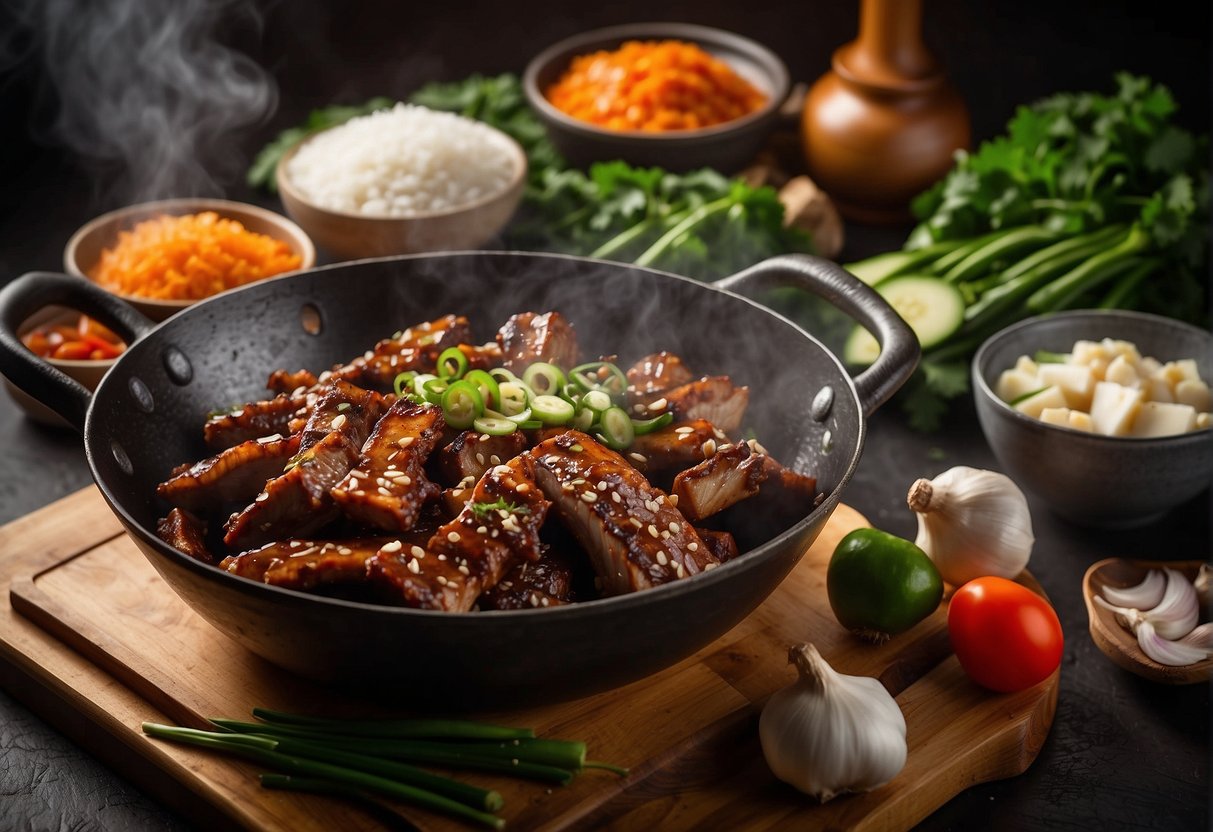 A sizzling wok filled with marinated spare ribs, surrounded by traditional Chinese ingredients like ginger, garlic, and soy sauce. A chef's knife and cutting board sit nearby, ready for preparation