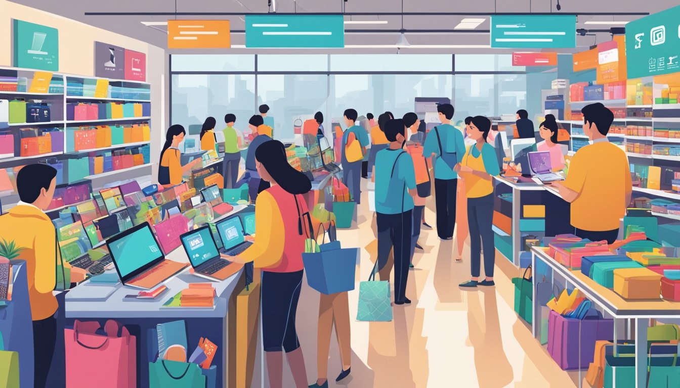 A bustling electronic store in Singapore displays a variety of laptop sleeves in vibrant colors and patterns, with customers browsing and making purchases