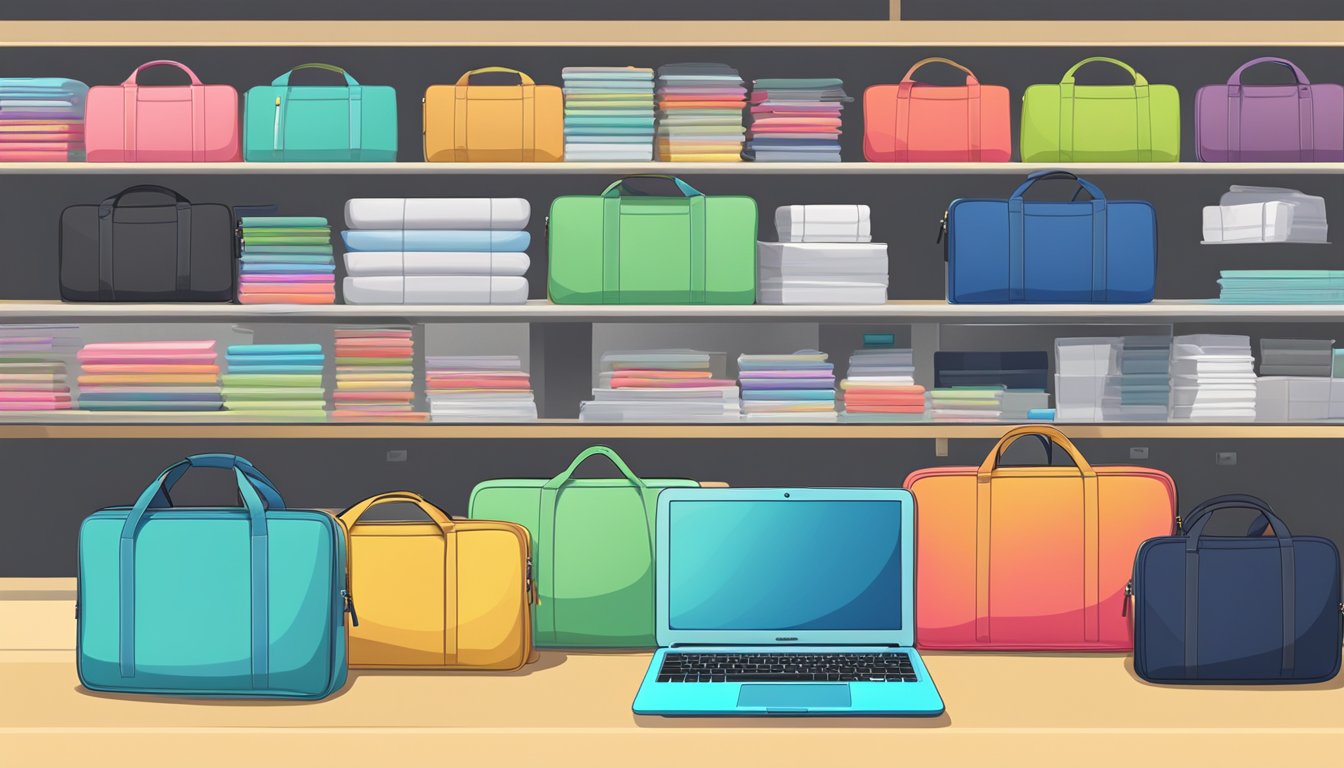 A laptop sleeve displayed in a well-lit store with various options, including different sizes and colors, with clear price tags