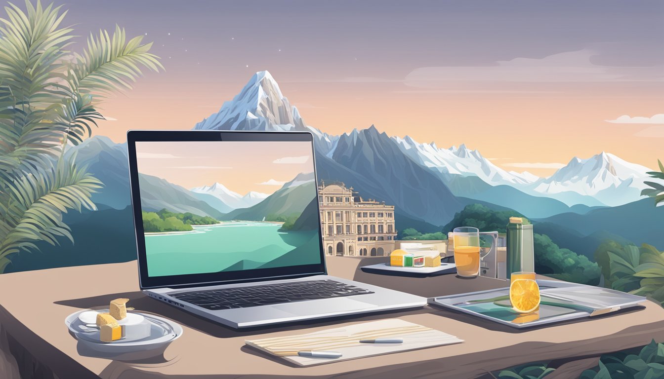 A laptop with a browser open to a website selling Mont Blanc products, with a Singaporean landmark in the background