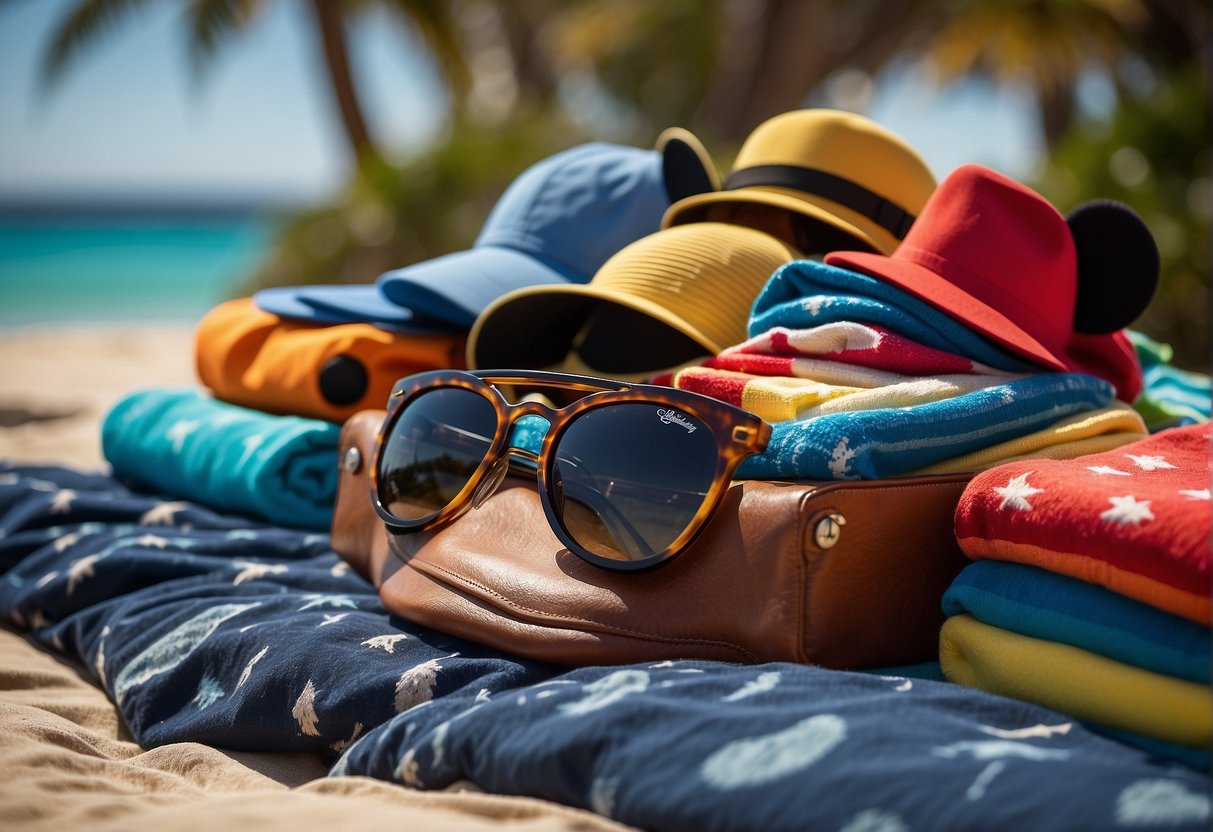 Colorful suitcases, beach towels, sunscreen, hats, sunglasses, and Mickey Mouse ears scattered on a bed