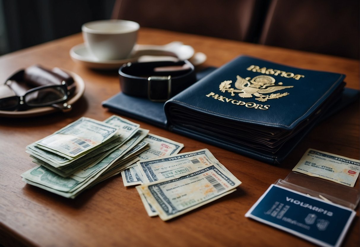 A table with passports, tickets, and travel insurance laid out. Clothes, toiletries, and sunscreen are packed nearby