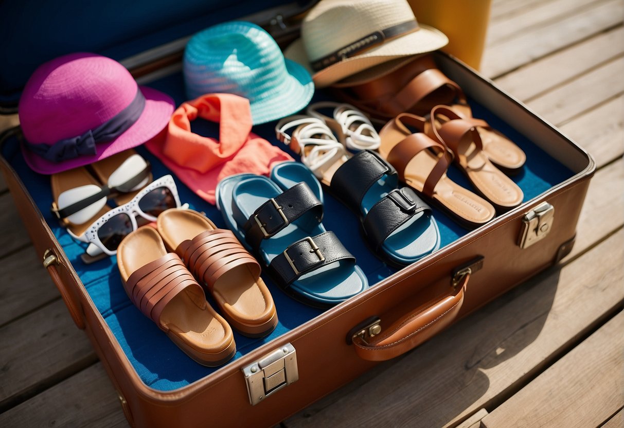 Colorful clothing and footwear neatly arranged in a suitcase, including swimwear, hats, and sandals for a Disney cruise