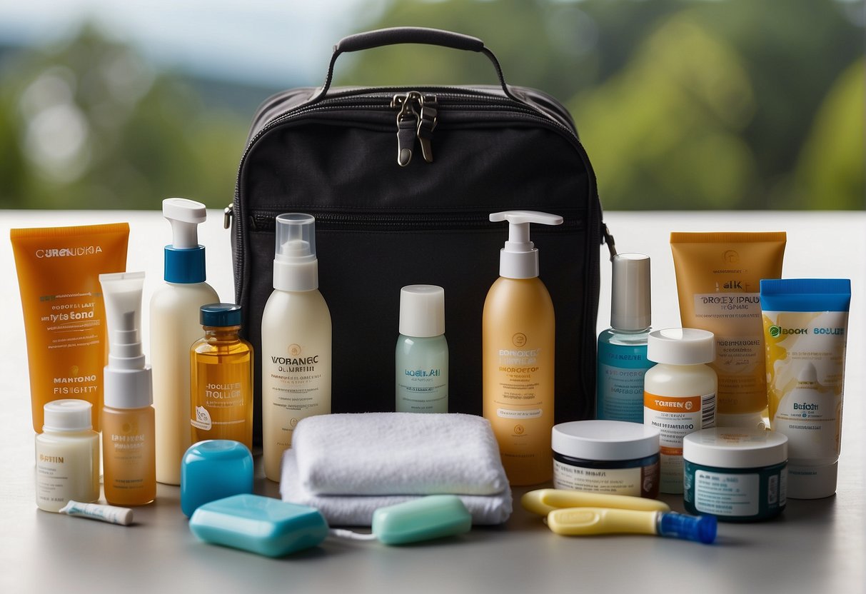 A variety of toiletries and health items neatly arranged in a travel bag, including toothpaste, sunscreen, medications, and a first aid kit