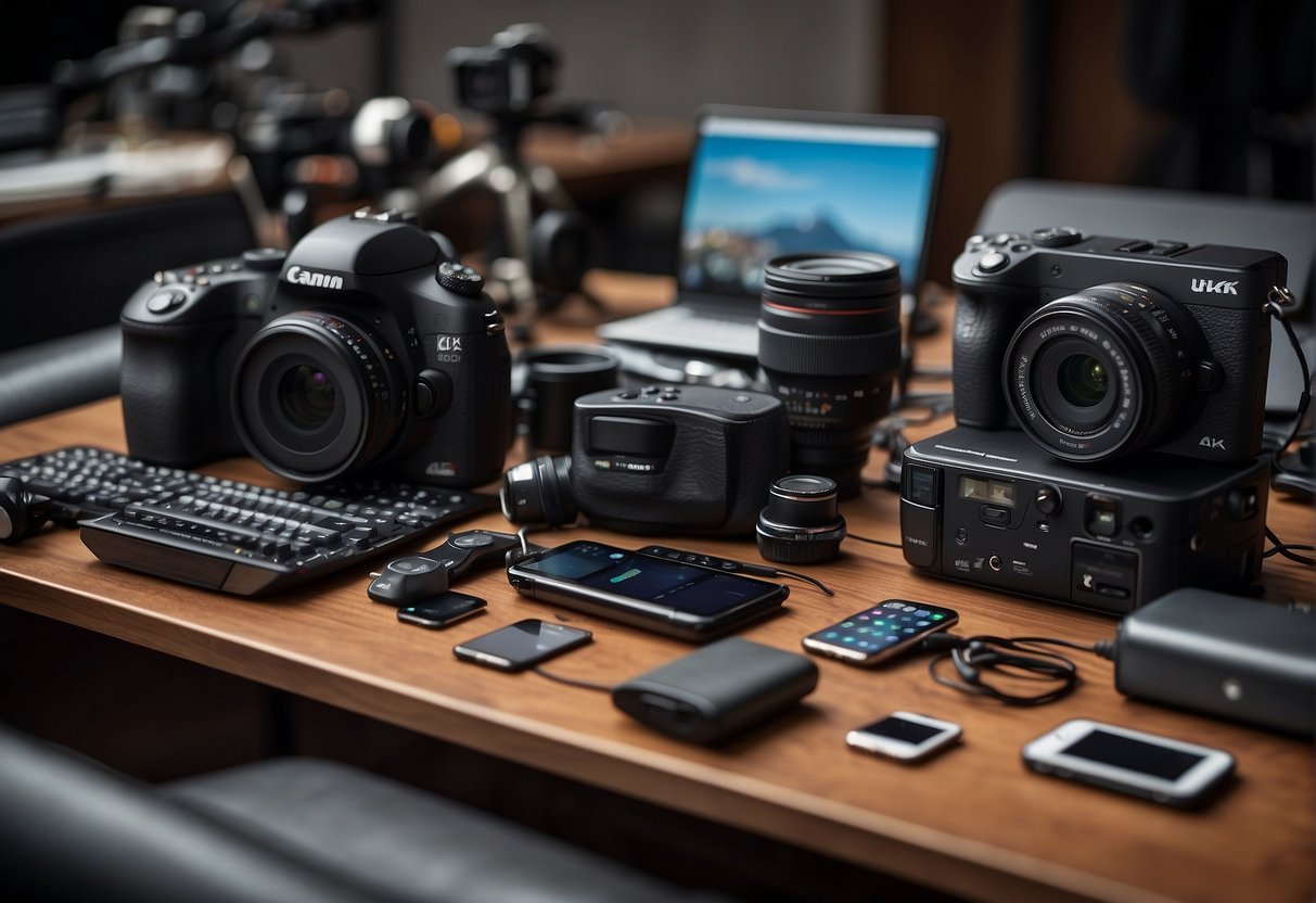 A table covered in electronics and entertainment items, including cameras, tablets, and headphones, sits ready for packing