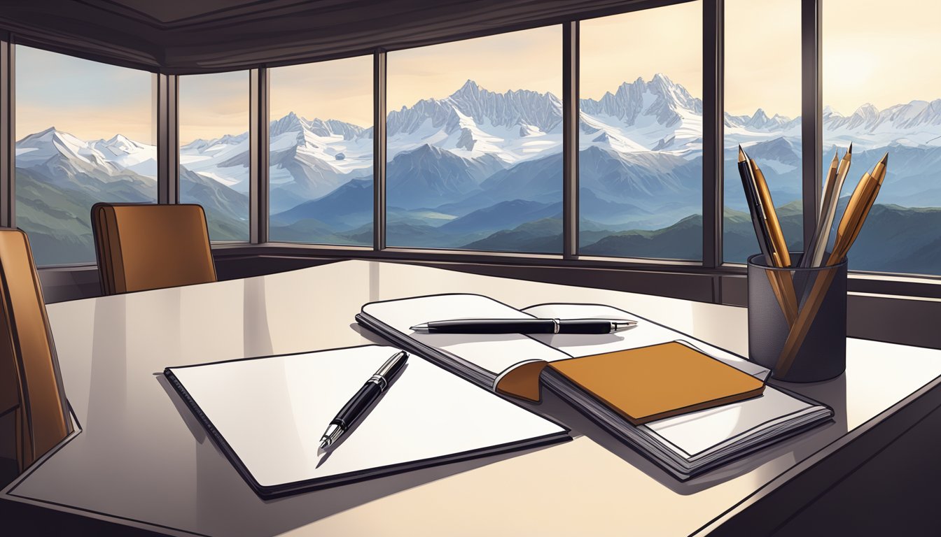 A luxurious Mont Blanc pen and leather notebook displayed on a sleek, modern desk with a panoramic view of the Swiss Alps in the background