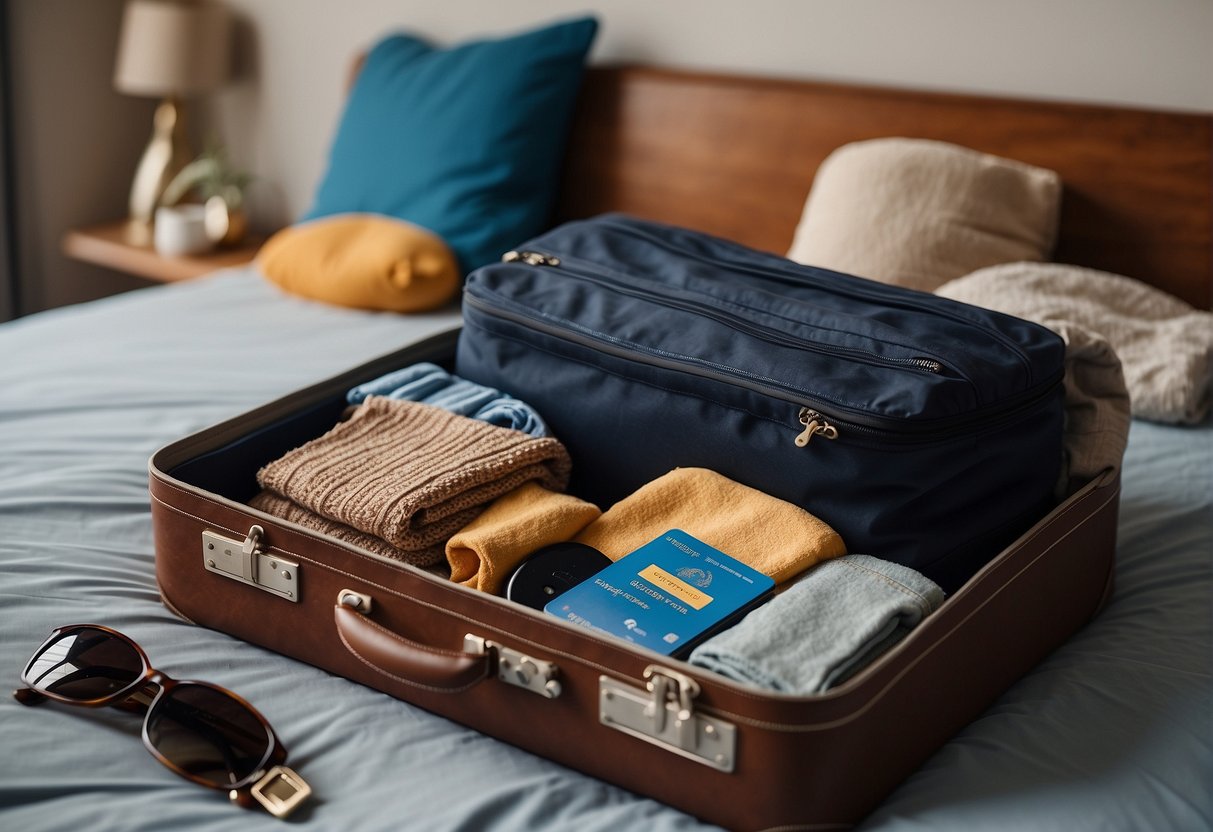 A suitcase open on a bed, filled with clothes, sunscreen, and a beach towel. A passport and cruise tickets lay on top