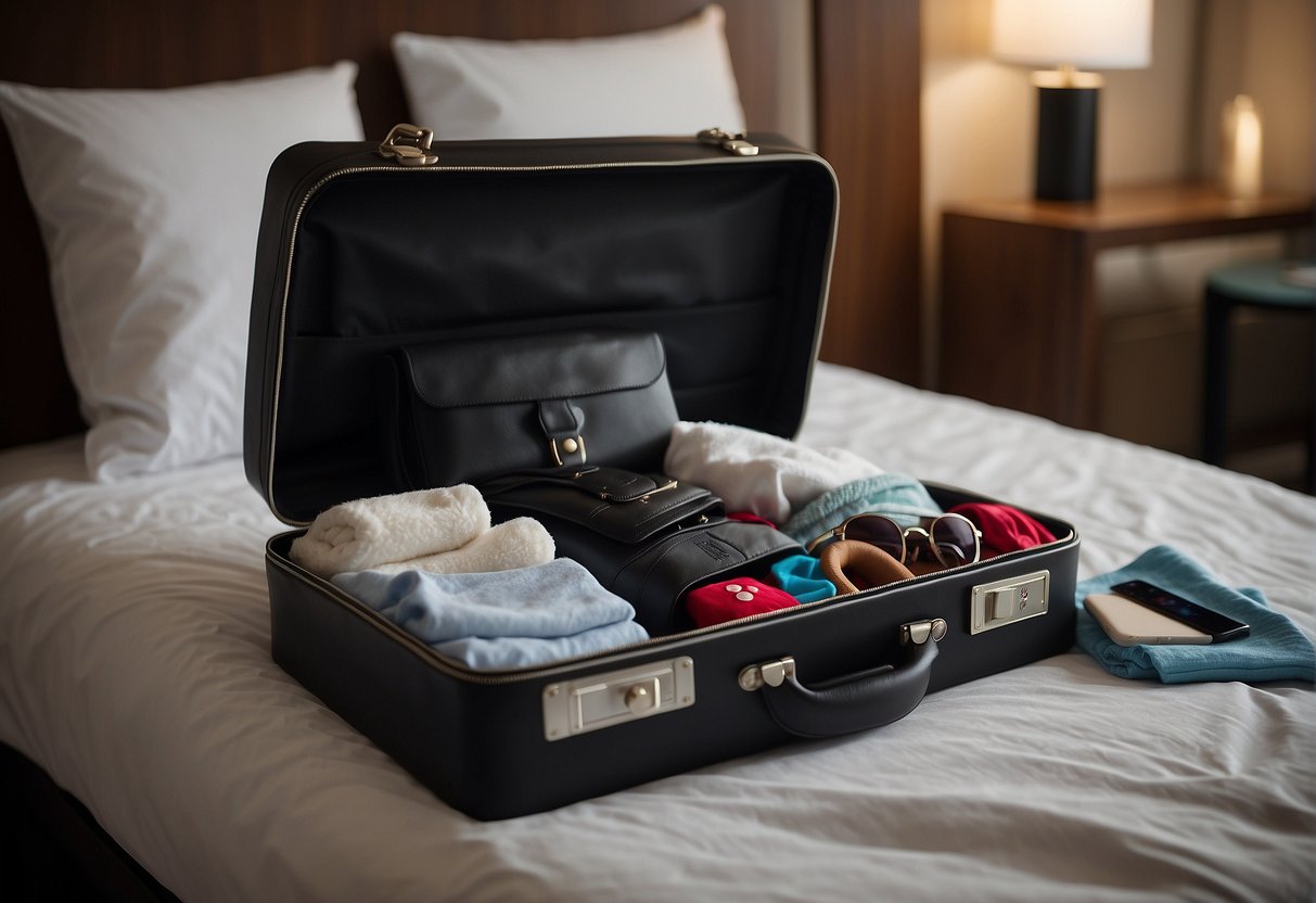 A suitcase open on a bed, filled with neatly folded clothes, toiletries, and a pair of Mickey Mouse ears. A checklist sits on top