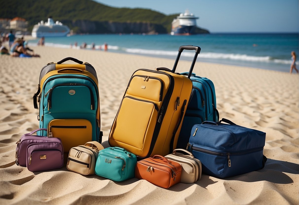 Colorful suitcases and backpacks scattered on a sandy beach, with a cruise ship in the background and the ocean sparkling under the sun