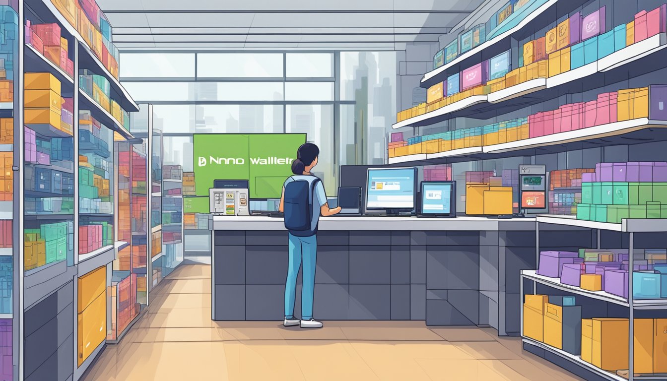 A bustling electronics store in Singapore displays the popular Ledger Nano S cryptocurrency hardware wallet prominently on its shelves