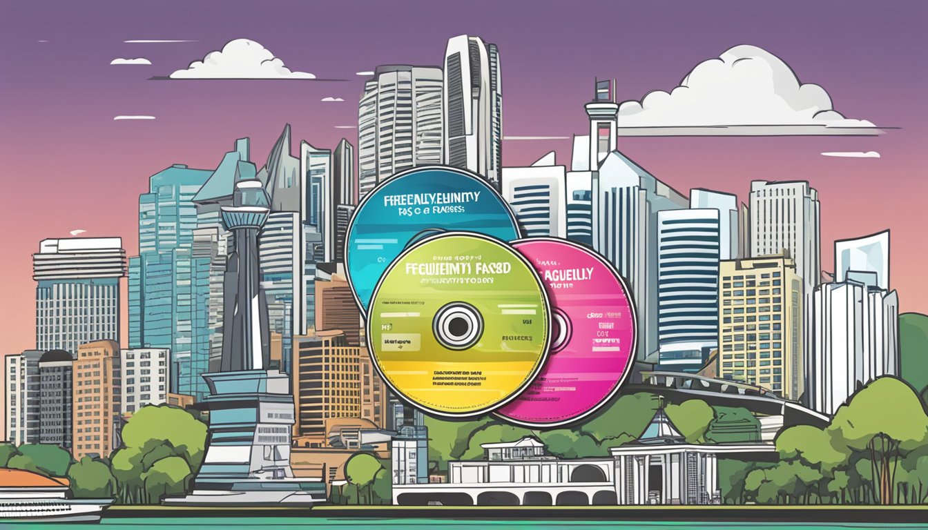 A stack of music CDs with "Frequently Asked Questions" label, set against a backdrop of Singapore landmarks