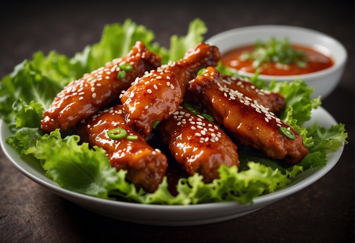 A plate of sizzling Chinese chicken wings, coated in a fiery red sauce, garnished with sesame seeds and green onions, surrounded by a bed of crisp lettuce leaves