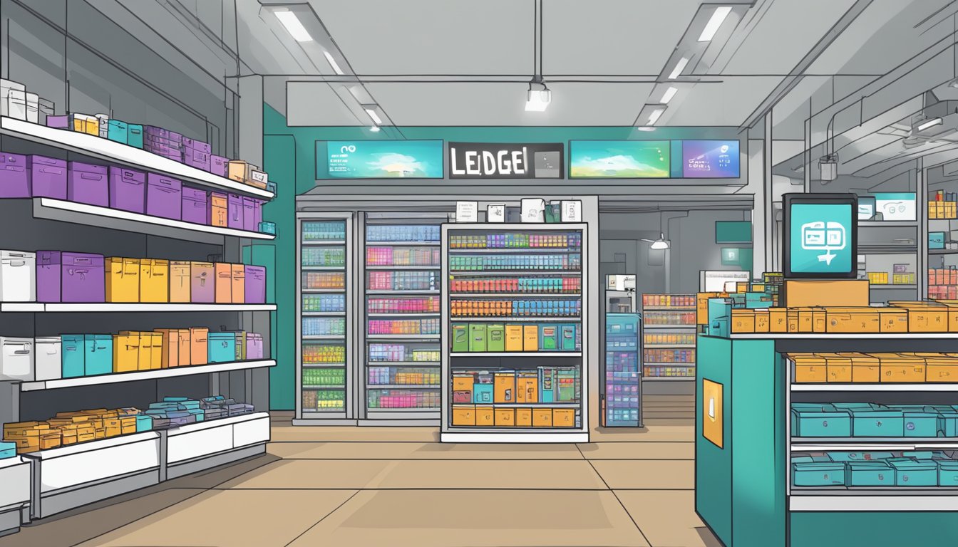 A bustling electronics store in Singapore displays the Ledger Nano S prominently on its shelves, with a sign indicating availability for purchase